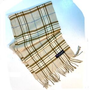Made in Scotland Beige & Tan 100% Cashmere Plaid Fringed Scarf 64" x 12"